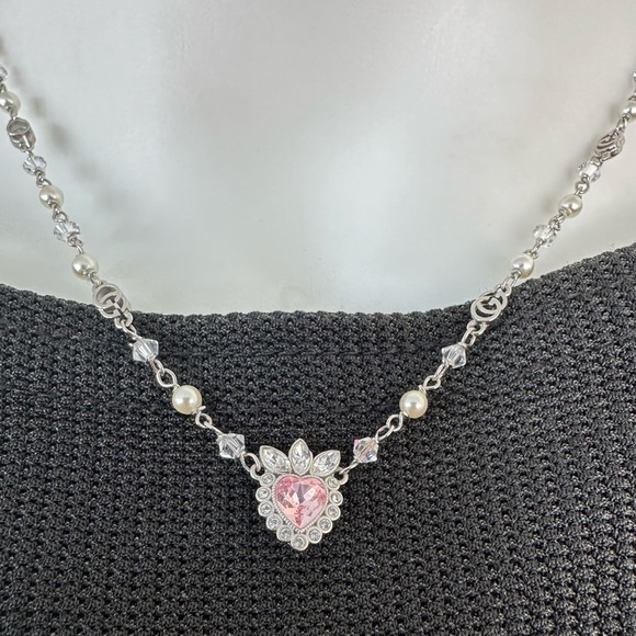 🩷 Gucci Necklace pink crystal heart with pearls, GG logo,rhinestones 16 in - Picture 1 of 13